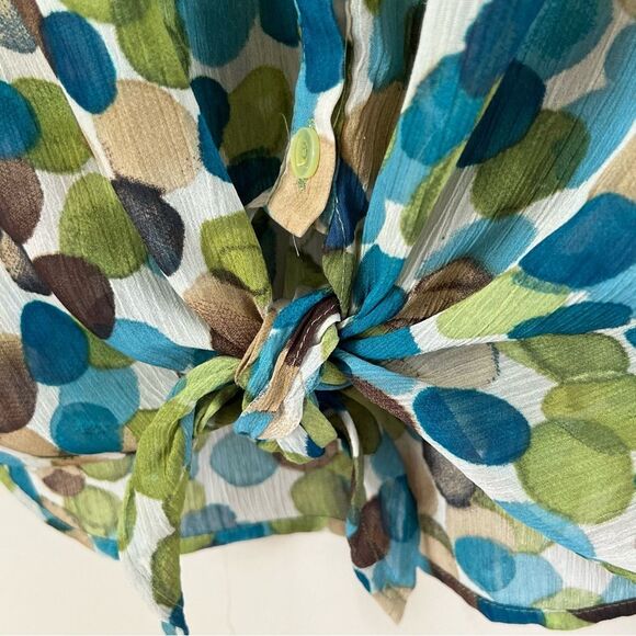Zac & Rachel Button Tie Bottom Long Sleeve Blue Green Polka Dot Blouse SZ S - Picture 3 of 12